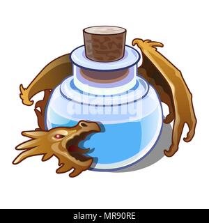 Blaue Flüssigkeit in der Durchstechflasche ist von einem Drachen auf weißem Hintergrund bewacht. Vektor cartoon Close-up Abbildung. Stock Vektor