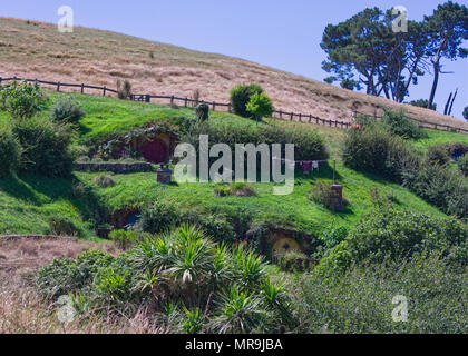 Hügel mit hobbit Löcher in Hobbiton, Nz Stockfoto