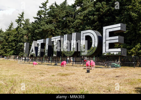 Das Latitude Festival Zeichen an henham Park, Suffolk, Großbritannien während der 2017 Veranstaltung. Um das Logo des Festival iconic gefärbt rosa Schafe. Stockfoto