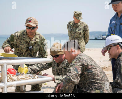 POHANG, Südkorea (13. April 2017) – Segler aus amphibischen Bau-Bataillon 1 sprechen Sie mit ROK Seabees von Naval Mobile Bau-Bataillon 1 über das amphibische Bulk Liquid Transfer System auf Dogu Strand während der Operation Pazifik erreichen Übung 2017 (OPRex17). OPRex17 ist eine bilaterale Fortbildungsveranstaltung zur Bereitschaft zu gewährleisten und aufrechtzuerhalten der ROK-US-Allianz durch die Ausübung einer Bereich Distribution Center (ADC), ein Air Terminal liefern Punkt (AZP), kombiniert gemeinsame Logistik Over-the-Shore (CJLOTS) und die Verwendung von Schiene, Binnengewässer und Küsten Liftbetrieb um die Op zu überprüfen Stockfoto
