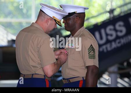 Master Sgt. David Roberts, jetzt offiziell im Ruhestand, erhält eine Auszeichnung von Oberstleutnant Charles Winchester, die Executive Officer des 9. Marine Corps Bezirk, an Bord der Naval Station Great Lakes, Illinois, Juni 2. Roberts, der Bronx Eingeborener, in verschiedenen administrativen Rollen während seiner Karriere serviert und nach 23 Jahren der Herr Abgeordnete Service zurückgezogen. Stockfoto