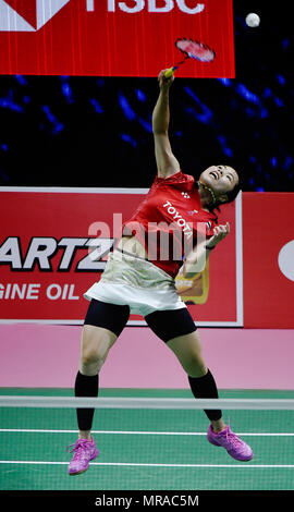 Bangkok, Thailand. 26 Mai, 2018. Ratchanok Intanon von Team Thailand hits eine Rückkehr während der BWF Uber Cup 2018 Finale gegen Yamaguchi Akane von Team Japan in Bangkok, Thailand, am 26. Mai 2018. Credit: Wang Shen/Xinhua/Alamy leben Nachrichten Stockfoto