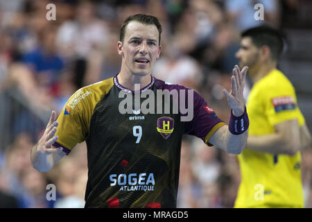 26. Mai 2018, Deutschland, Köln: Handball, Champions League, HBC Nantes vs Paris St. Germain, Halbfinale in der Lanxess Arena. Nantes" Dominik Klein gestikuliert. Foto: Federico Gambarini/dpa Stockfoto