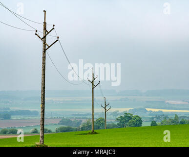 East Lothian, Schottland, Großbritannien, 26. Mai 2018. Die Sonne kämpft, um durch den Nebel in der Landschaft Blick zu brechen. Die landwirtschaftliche Nutzfläche wird grün mit den frühen Triebe in einem gepflügten Feld mit einer Reihe von Stromkabelmasten Stockfoto