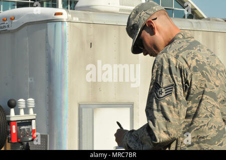 Staff Sgt Casey Crump, 916. Aerospace Medicine Squadron, beteiligt sich an einer Übung auf Seymour Johnson Air Force Base während der Juni Training Montage.  Während der Übung Crump Datensätze Lesungen von Wet Bulb Globe Temperaturen; ein Instrument zur Bestimmung der relativen Luftfeuchtigkeit und Temperaturen draußen. Crump Überwachung und Aufzeichnung der Messwerte der WBGT unterstützt der occupational Health der Flieger während sie Übung Aufgabe außerhalb durchzuführen. (Foto: U.S. Air Force Tech Sgt. Terrica Y. Jones) Stockfoto