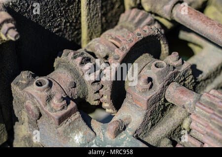 Alte Metall Zahnräder in den Antrieben. Rostigen Zahnräder in Maschinen aus dem letzten Jahrhundert verwendet. Saison der Feder. Stockfoto