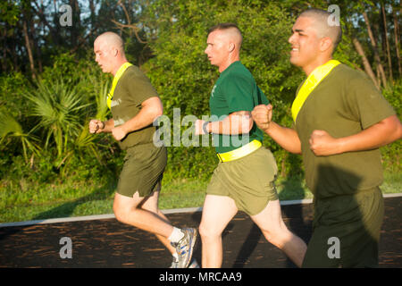 Us Marine Corps Staff Sgt. Michael bedeutet jr., ein drill instructor mit Verarbeitung Unternehmen rekrutieren, Unterstützung Bataillon, motiviert die Rekruten von India Company, 3 Recruit Training Bataillon, während einer anfänglichen Stärke testen, indem Sie mit Ihnen am 3. Juni 2017, auf Parris Island, S.C. bedeutet, 29, ist von Clovis, Kalifornien Indien Unternehmen ist zu graduieren, Nov. 25, 2017 geplant. Rund 19.000 Rekruten kommen auf Parris Island jährlich für die Chance, United States Marines werden durch dauerhafte 12 Wochen der Strenge, transformative Training. Parris Island ist die Heimat von Entry-level-Soldaten Training für approxim Stockfoto