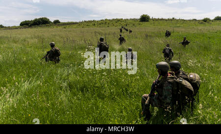 Dutch marines voraus Durch das hügelige Gelände Cincu Training Bereich feindliche Stellungen angreifen. Dutch Marines von 11 Streifzüge Squadron raid-feindliche Stellungen in Cincu, Rumänien. Während der Edle Springen 2017 leiten Sie ein Air Assault mit amerikanischen Chinook Transporthubschrauber und Feuer Unterstützung von uns Apache Kampfhubschrauber. Nach dem feuergefecht gewonnen ist, nehmen Sie den Gefangenen und Ausführen eines medevac für ihre verwundeten Kameraden. Credit: Corporal Jasper Verolme Mediacentrum Defensie Info: MCD@mindef.nl Stockfoto