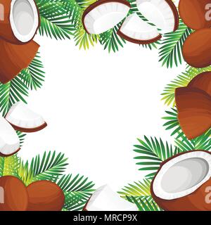 Coconut Abbildung. Ganze Stücke Kokosnüsse mit grünen Palmen Blätter. Organic Food Ingredient, natürlichen tropischen Produkt. Vector Illustration auf whit Stock Vektor