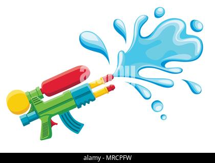 Wasserpistole Abbildung. Kunststoff Sommer Spielzeug. Farbenfrohes Design für Kinder. Pistole mit Wasser spritzen. Flache Vector Illustration auf weißem Hintergrund Stock Vektor