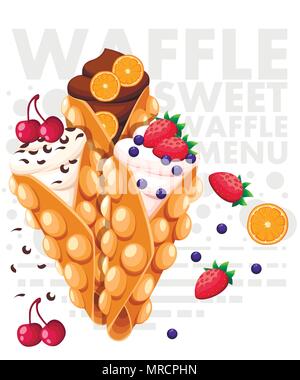 Hong Kong Waffeln. Waffel mit Erdbeer-, Kirsch- und orange und Schlagsahne. Vector Illustration mit Text für den Hintergrund. Stock Vektor