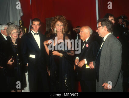 LOS ANGELES, Ca - 25. März: Edoardo Ponti, Schauspielerin Sophia Loren und Carlo Ponti die 63. jährlichen Academy Awards am 25. März 1991 teilnehmen im Shrine Auditorium in Los Angeles, Kalifornien. Foto von Barry King/Alamy Stock Foto Stockfoto