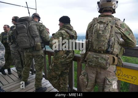 Flieger von der U.S. Army Air Force Tactical Air Control Party für Feuer aus dem STOUPLIUBEZNI TURM während der Übung Adria Streik Juni 7, 2017 Dobrina, Slowenien zu nennen. Diese Schulung vermittelt USA-Endgerät angreifen Controller die Chance, direkt mit den Armeen der anderen Nationen zu arbeiten. Die Übung, die NATO-Verbündeten aus den USA und der slowenischen Streitkräfte kritische Fähigkeiten zur Unterstützung der Ground Operations zu proben. (Foto durch Graigg Faggionato) Stockfoto