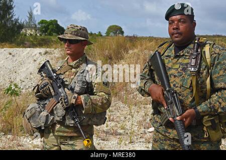 Florida National Guard Sgt. Randall Grün steht Wache mit einem Mitglied der Barbados Defence Force während defensive Position Training während der TRADEWINDS 2017 in Barbados, Juni 8. Militär und Zivilisten aus über 20 Ländern beteiligen sich an der diesjährigen Übung in Barbados und Trinidad und Tobago, die von 6. bis 17. Juni 2017 läuft. (US Army National Guard Foto von Sgt. Garrett L. Dipuma) Stockfoto