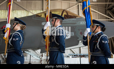 Jack Conklin und Team Eglin Ehrengarde Mitglieder sind bereit, die Farben zu ändern des 33. Jagdgeschwaders der Befehl Zeremonie in Eglin Air Force Base, Fla., 13. April zu bringen. Oberst Lance Pilch aufgegeben das Kommando über die Training Wing zu Oberst Paul Moga. Stockfoto