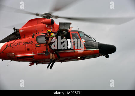 MH-65 Dolphin ist ein zweimotoriger Rettungshubschrauber, der bei der Küstenwache der Vereinigten Staaten eingesetzt wird. Ein Rettungsschwimmer und Meteorologe Jim Cantore wurde am 6. Juni 2017 östlich von Miami Beach aus dem Wasser gehoben. Das Archivbild dokumentiert eine Entwicklung des Such- und Rettungstrainings mit Überwasser-Liftverfahren. Stockfoto
