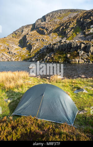 Zelt aufgeschlagen auf einem Welsh Mountain während einer wilden Campen in der rhinog Hügel Stockfoto
