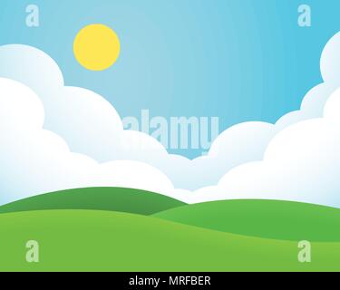 Flaches Design Abbildung: Landschaft mit Wiese und Hügel unter blauen Himmel mit Wolken und Sonne-Vektor Stock Vektor
