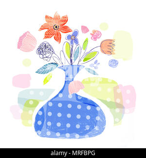 Abbildung: Blumen in blauer Vase. Cartoon Zeichnung. Design Elemente Stockfoto