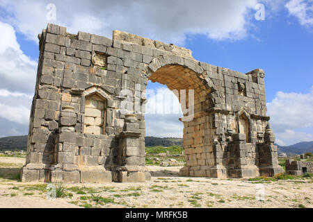 Der Triumphbogen gewidmet Kaiser Caracalla im 3. Jahrhundert Ruinen von Volubilis Stockfoto