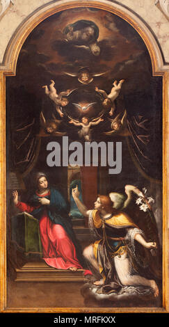 REGGIO EMILIA, Italien - 13 April, 2018: Das Gemälde der Verkündigung in der Kirche Chiesa di Santi Giacomo e Filippo apostoli von unbekannter Künstler. Stockfoto