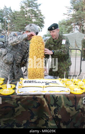 Oberstleutnant Jason Benson mit dem Th 2-136 kombinierte Waffen Bataillon erhält eine traditionelle litauische Kuchen zu Ehren der US-Armee 242nd Geburtstag Juni 14, 2017 in Pabrade, Litauen. Kroatisch, Niederländisch, Norwegisch, Litauisch, Deutsch, Portugiesisch und Army National Guard Kräfte aus Pennsylvania und Minnesota schlossen sich ihnen auch während der Feier während der Übung Iron Wolf 17. (Texas Army National Guard Foto von Sgt. Samuel De Leon, 100 MPAD/freigegeben) Stockfoto