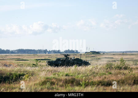 Eine Battle Group Polen USA M1126 Stryker bietet Sicherheit im Bereich Ausbildung übung Teil von Sabre Streik 2017 Bemowo Piskie, Polen, 14. Juni 2017. Sabre Streik 17 ist eine US-Army Europe-geführten Multinationalen Kräfte kombiniert jährlich durchgeführten Studie des NATO-Bündnisses im gesamten Ostseeraum und Polen zu verbessern. Die diesjährige Übung beinhaltet integrierte und synchronisierte Abschreckung-orientierte Ausbildung für die Interoperabilität und die Bereitschaft der 20 teilnehmenden Nationen Streitkräfte zu verbessern. (U.S. Armee Foto: Staff Sgt. Brian Kohl) Stockfoto