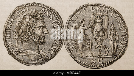 Bronze römische Münze des Kaisers Antoninus Pius (Titus Aelius Hadrianus Antoninus Augustus Pius 86-161 AD), seine Siege feiern in Großbritannien. Er war für den Bau des Antonine Wall zwischen England und Schottland zuständig ist Stockfoto