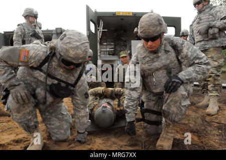 Minnesota Army National Guard Sanitäter und kroatischen Ärzte durchführen, die medizinische Versorgung auf eine fiktive Unfall in Pabrade, Litauen, während der übung Iron Wolf unter Ausübung Sabre Streik 17. Sabre Strike17 ist ein US Army Europe - LED-Theater konzipiert, die Interoperabilität zwischen NATO-Truppen und den regionalen Partnern zu verbessern. (US Army Foto von Sgt. Amberlee Boverhuis/freigegeben) Stockfoto