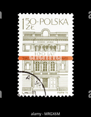 Storniert Briefmarke von Polen gedruckt, zeigt, dass das polnische Theater in Poznan, circa 1976. Stockfoto