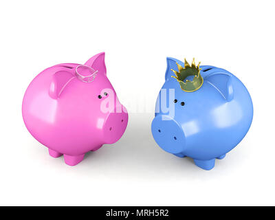 Blau und rosa Sparschwein piggy Bank eine Krone trägt auf weißem Hintergrund Stockfoto