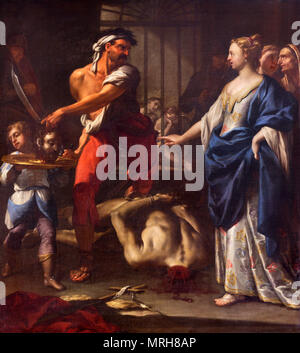 REGGIO EMILIA, Italien, 13. April 2018: Die Malerei der Enthauptung des Hl.. Johannes der Täufer in der Kirche Chiesa di Santo Stefano von Sebastiano Galeotti. Stockfoto