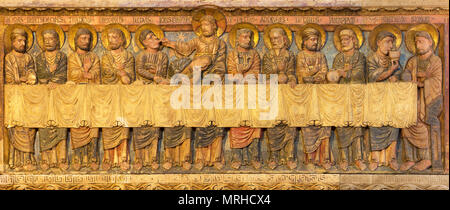 MODENA, Italien - 14 April, 2018: Das letzte Abendmahl im Dom von Anselmo da Campione (1165-1225). Stockfoto