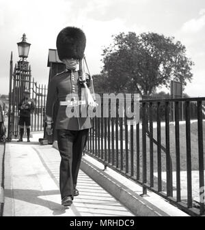 1950 s, historischen, der britischen Königin-Schutz in traditionellen zeremoniellen Uniform auf Wache mit Gewehr und tragen die Bärenfellmütze, eine große Pelzkappe, London, England, UK. Stockfoto