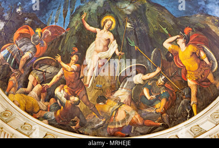 REGGIO EMILIA, Italien - 13 April, 2018: Das Fresko der Auferstehung in der Apsis der Kirche Chiesa di San Giovanni Evangelista von Paolo Guidotti (1613). Stockfoto