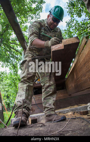 Dänische Soldaten Lanze Cpl. Al Frederiksen, 3. Bau Bataillon, Dänische Armee, Maßstab, ein Stück Holz für eine Fußgängerbrücke während des goldenen Coyote übung, Custer State Park, Custer, S.D., 16. Juni 2017. Die goldenen Coyote Übung ist eine dreiphasige, Szenario-driven Übung in den Black Hills von South Dakota und Wyoming, mit dem Kommandanten auf der Mission wesentliche Anforderungen der Aufgabe, Krieger Aufgaben und Übungen zu konzentrieren. (U.S. Armee Foto von SPC. Kevin Kim) Stockfoto