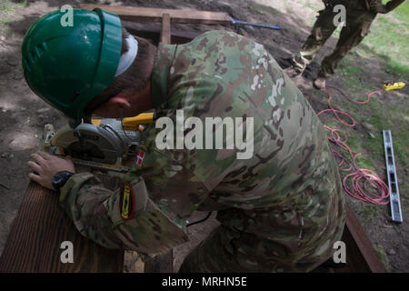 Lance Cpl. Stephen Bjerre, 3. Bau Bataillon, Dänische Armee, macht einen Schnitt mit einem Drehschalter sah für den Bau einer Fußgängerbrücke im Custer State Park in Unterstützung der Goldenen Coyote Übung, Custer, S.D. Juni 16th, 2017. Die goldenen Coyote Übung ist eine dreiphasige, Szenario-driven Übung in den Black Hills von South Dakota und Wyoming, mit dem Kommandanten auf der Mission wesentliche Anforderungen der Aufgabe, Krieger Aufgaben und Übungen zu konzentrieren. (U.S. Armee Foto von SPC. Mitchell Murphy) Stockfoto