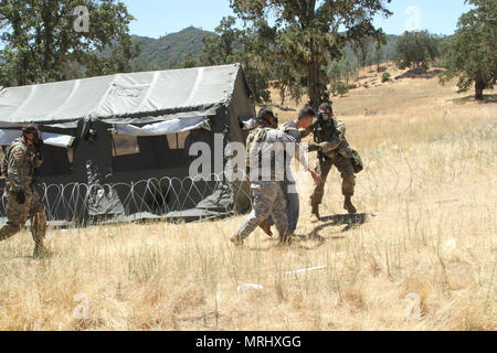 Soldaten der 357 Military Police Company, 200 Militärpolizei move Befehl zivile Rolle Spieler während eines simulierten gas Angriff auf Fort Hunter Liggett, Calif., 16. Juni 2017 zur Sicherheit. Mehr als 3000 US-Army Reserve Soldaten beteiligen sich an der 84. Krieger Ausbildung Befehl Übung (Warex) 19-17-03 am Fort Hunter Liggett, Calif.; die Warex ist eine groß angelegte kollektive Training Plattform fähig, tödliche generieren und bereit, Kräfte zu bekämpfen. Us-Armee Foto vom Kapitän Troy Preston. Stockfoto