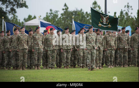 Grüne Barette aus dem 7 Special Forces Group (Airborne) stehen an Aufmerksamkeit bei einem Befehl Zeremonie Juni 15 in Eglin Air Force Base, Fla. Während der Zeremonie Oberst Michael Ball Befehl verzichtet der 7 SFG (A) zu Oberst Patrick Colloton. Colloton zuvor als die 7 SFG (A) 1 st Battalion Commander. (U.S. Air Force Foto/Ilka Cole) Stockfoto