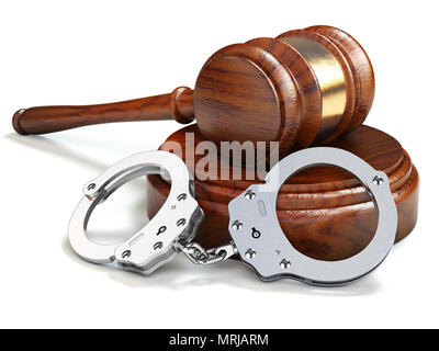 Hammer und Handschellen isoliert oin weißen Hintergrund. Recht und Gerechtigkeit Konzept. 3D-Darstellung Stockfoto