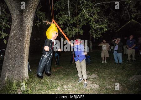 Der fotojournalist Luis Gutierrez de Norte Foto und Biologen aus den USA und Mexiko, mit einem Holzstab, ein Donald Trump piñata. Stockfoto