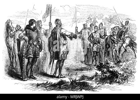King Stephen und der zukünftige König Heinrich II. treffen in Wallingford in der englischen Grafschaft Oxfordshire im Jahre 1153, dem Vertrag von Wallingford unterzeichnen, die zum Ende der Anarchie. Die Armeen von Stephen und Henry met an der Winchester, im November, in denen die beiden Politiker die Bedingungen für einen dauerhaften Frieden ratifiziert. Stephen kündigte den Vertrag in der Kathedrale von Winchester. Er erkannte Henry als seinen Nachfolger, im Gegenzug für Henry Hommage an ihn tun; Stephen erhalten alle seine königliche Befugnisse und hios verbleibenden Sohn, William, seinen Anspruch auf den Thron verzichtete. Stockfoto