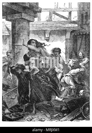 Das Massaker an den Juden während der Krönung von König Richard I. von Westminster Abbey am 3. September 1189. Richard verjähren alle Juden von der Amtseinführung und wenn ein Gerücht verbreitet, dass Richard befohlen hatte, daß alle Juden getötet werden, und die Menschen in London gegen die jüdische Bevölkerung. Zu realisieren, dass die Angriffe sein Reich am Vorabend seiner Abreise am Kreuzzug destabilisieren könnte, Richard verteilte eine Royal writ verlangt, dass die Juden allein gelassen werden und bestellt die Ausführung der die Verantwortlichen für die Morde und Verfolgungen. Stockfoto