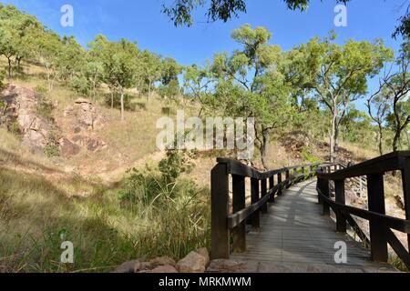 Holzbrücke über die cudtheringa Track bis Castle Hill, Castle Hill, QLD 4810, Australien Stockfoto