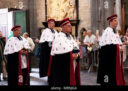 Mons, Belgien. 27. Mai, 2018. Prozession der Auto D'oder die Ankunft in Saint Waltrude Stiftskirche während Ducasse feiern am 27. Mai 2018 in Mons, Belgien Quelle: Skyfish/Alamy Live News Credit: Skyfish/Alamy leben Nachrichten Stockfoto