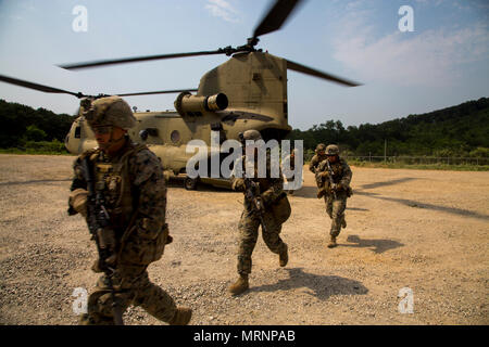 Us-Marinesoldaten und Matrosen zu 3 Bataillon zugeordnet, 8. Marine Regiment, freuen uns auf die 3. Marine Division eingesetzt, als Teil der Einheit Deployment Program, und der Republik Korea (ROK) Offload von US Army CH-47 Chinook Hubschrauber, für die Koreanische Marine Exchange Program (KMEP) 17-11, bei Schafen sieben Training Area, South Korea, 15. Juni 2017. KMEP ist eine bilaterale Übung Interoperabilität zu erhöhen und die kombinierten Funktionen von der ROK und US Marine Corps Forces. (U.S. Marine Corps Foto von Lance Cpl. Caleb T. Maher) Stockfoto