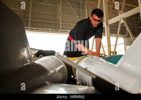 Senior Airman Matise Venet, 5 Aircraft Maintenance Squadron Waffen laden Besatzungsmitglied, inspiziert Ausbildung Munition, bevor sie in die B-52H Stratofortress am Minot Air Force Base, N.D., 19. Juni 2017 geladen werden. Die Ausbildung muntions wurden in den Flugzeugen, die von den 5 AMXS Global Strike Herausforderung Team während ihre Bombe geladen - Laden von Wettbewerb. (U.S. Air Force Foto/Senior Airman J.T. Armstrong) Stockfoto