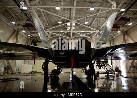 F-22 Raptor ist ein Tarnjäger der fünften Generation, der von der United States Air Force betrieben wird. Das Archivbild dokumentiert ein Waschregal-Team der 1st Aircraft Maintenance Squadron, das das Flugzeug am 19. Juni 2017 auf der Joint Base Langley-Eustis (Virginia) gereinigt hat. Stockfoto