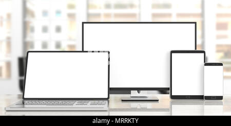 Festlegen von realistischen leer Monitore, responsive Design. Computer, Monitor, Laptop, Tablet PC und Smartphone auf hölzernen Schreibtisch, blur Büro Hintergrund. 3d-illustr Stockfoto
