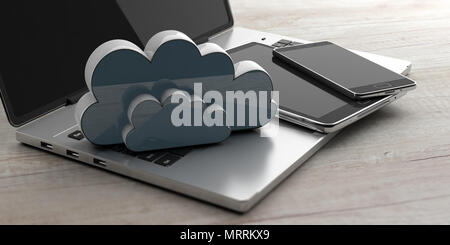 Cloud Computing storage. Handy, Tablet-PC und Computer mit einer Wolke auf Holz- Hintergrund. 3D-Darstellung Stockfoto